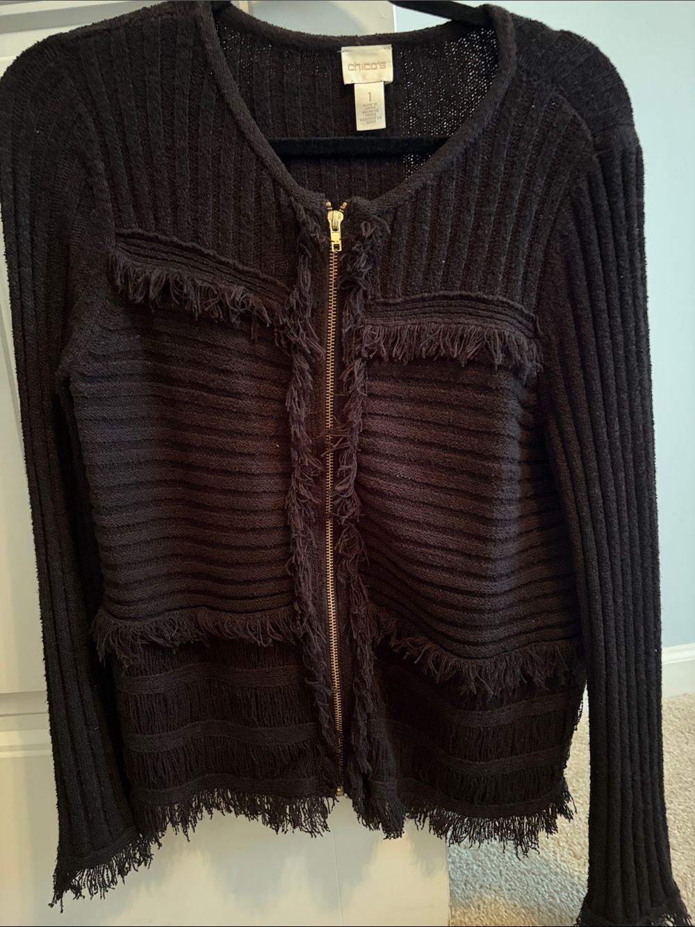 Chico's Black Fringe Zip Cardigan Sweater